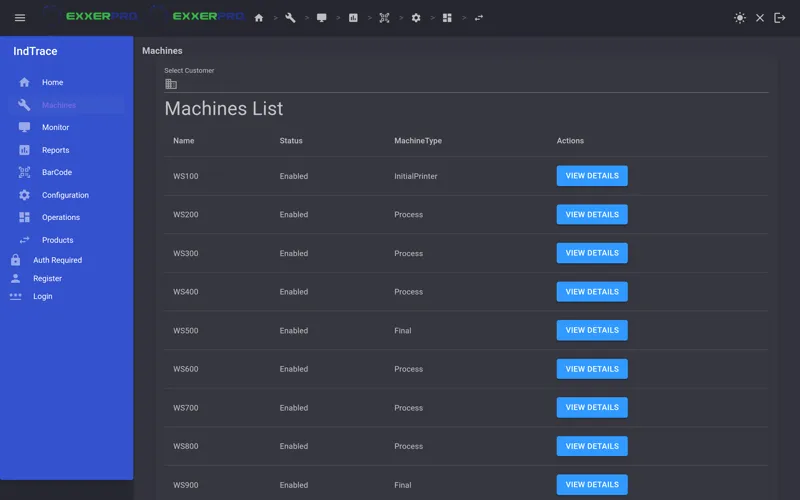 Machines list: stations with their status and type (initial printer, process, final).