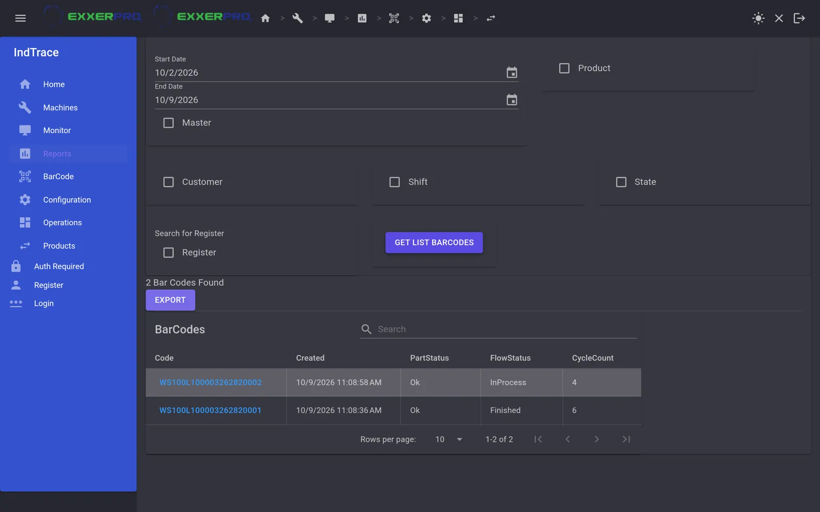 Reports screen listing the two demo barcodes with created time, OK or NOK part status, flow status and cycle count, with filters for date, product, customer, shift and state.
